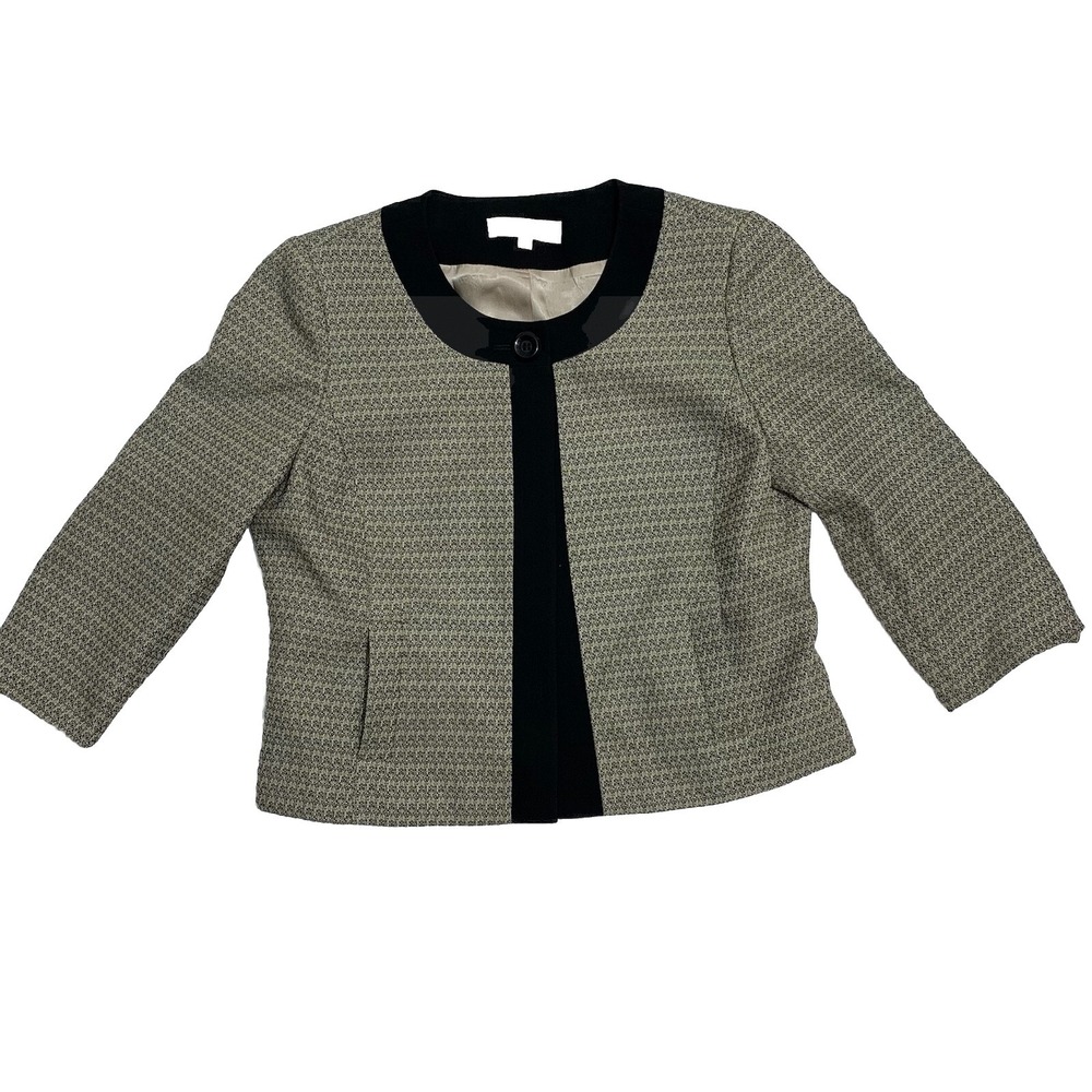 Kasper Blazer Jacket Womens 10P Tan Black Micro Pattern 3/4 Sleeve Single Button